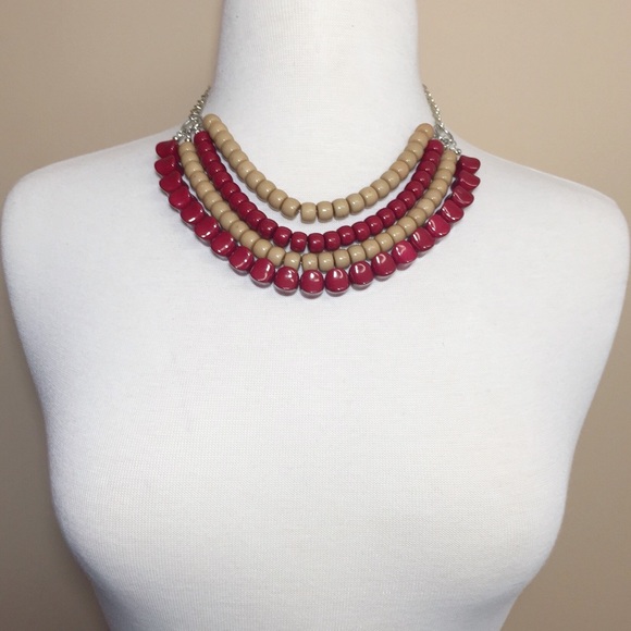 Layered Maroon Red Tan Brown Necklace Earrings Set - Picture 2 of 3